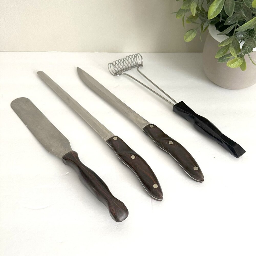 Lot of 4 Cutco 1023 1024 1028 1714 Carving Bread Knife Spatula Whisk Brown Set